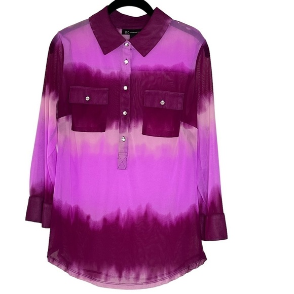INC International Concepts Sheer Purple Tie Dye Rhinestone Button Top Women M - Picture 7 of 13